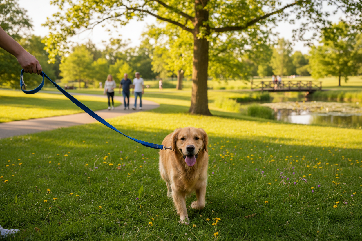 A dog on a leash, walking in a park